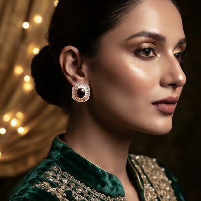 Gold Black Crystal Stud Earrings