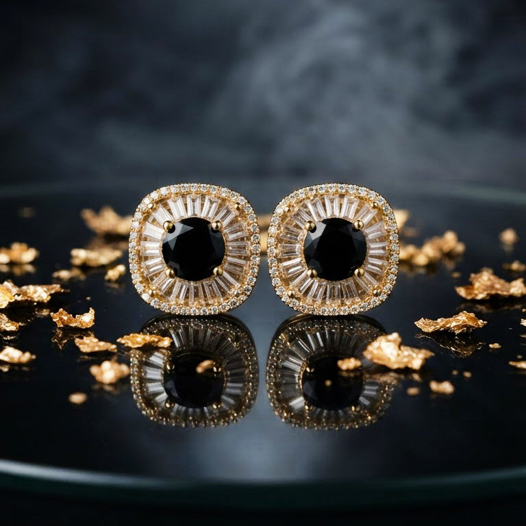 Gold Black Crystal Stud Earrings