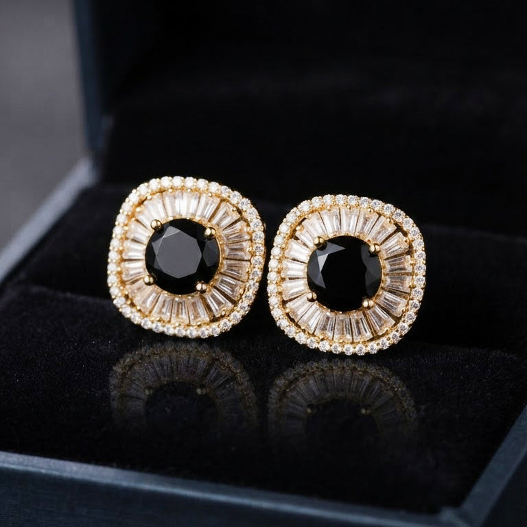 Gold Black Crystal Stud Earrings