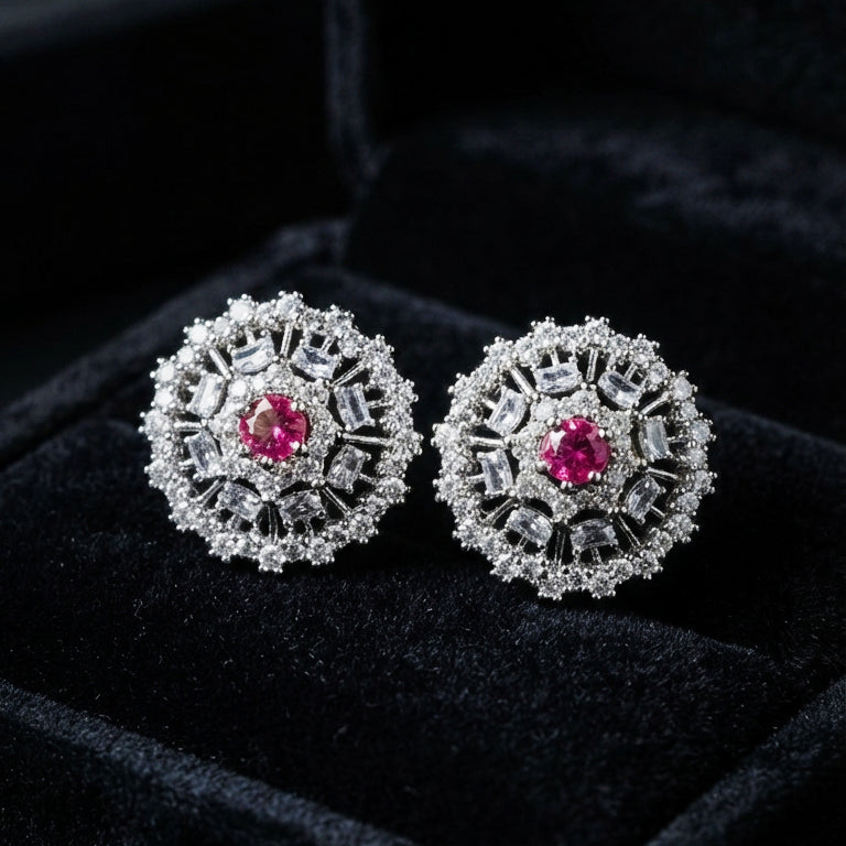 Silver Pink Sunburst Stud Earrings