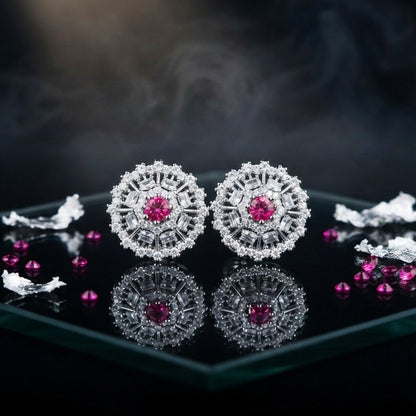 Silver Pink Sunburst Stud Earrings