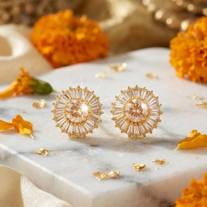 Gold Sunburst Crystal Stud Earrings