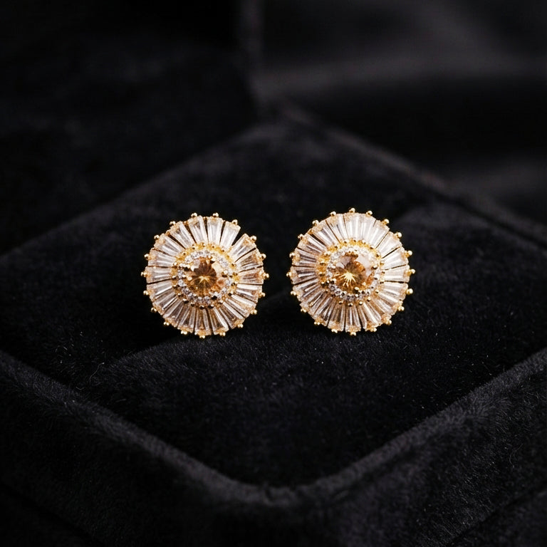 Gold Sunburst Crystal Stud Earrings