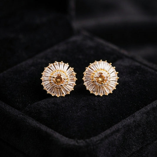 Gold Sunburst Crystal Stud Earrings