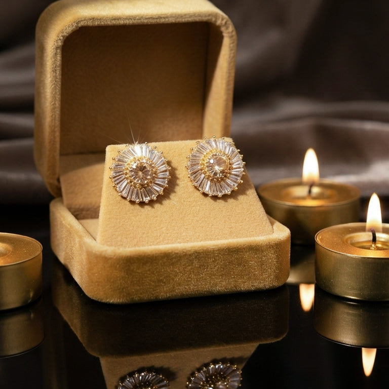 Gold Sunburst Crystal Stud Earrings
