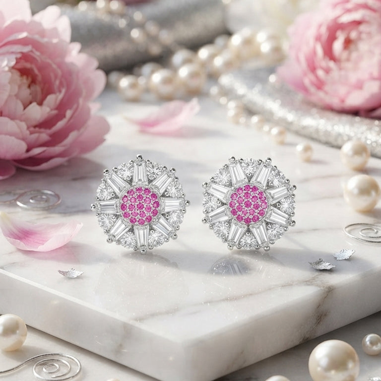 Silver Pink Crystal Stud Earrings