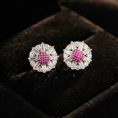Silver Pink Crystal Stud Earrings