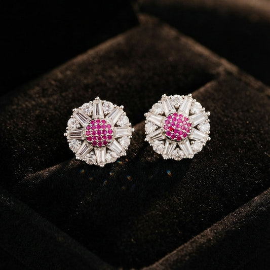 Silver Pink Crystal Stud Earrings