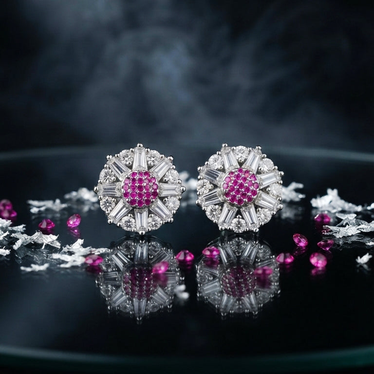 Silver Pink Crystal Stud Earrings