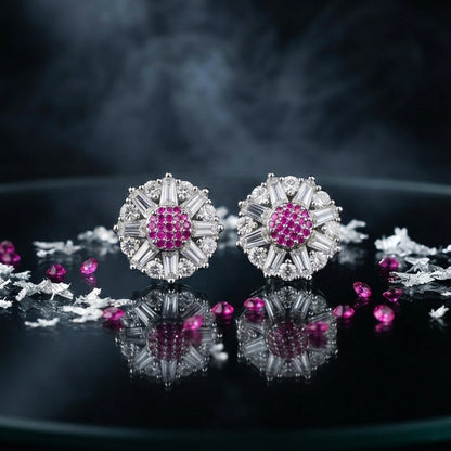 Silver Pink Crystal Stud Earrings
