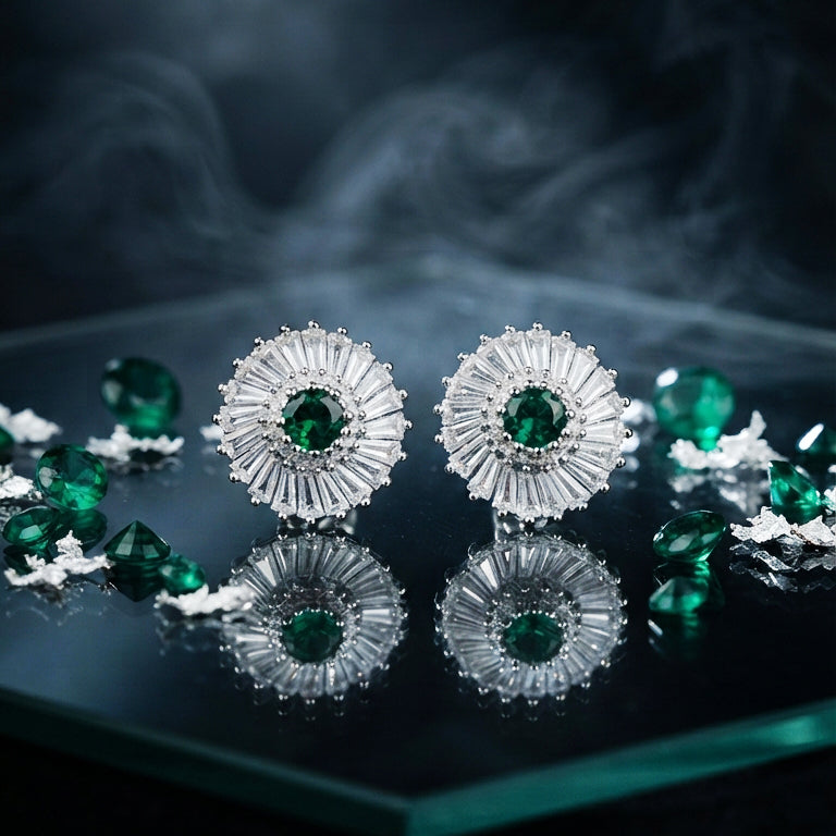Silver Emerald Green Crystal Stud Earrings
