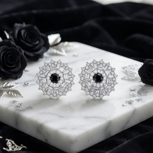 Black Floral Crystal Stud Earrings
