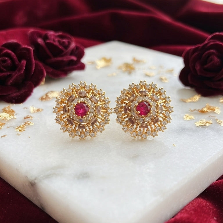 Ruby Red Sunburst Stud Earrings