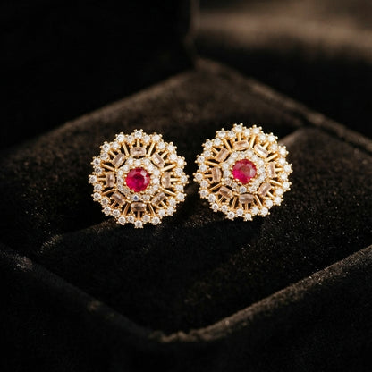 Ruby Red Sunburst Stud Earrings