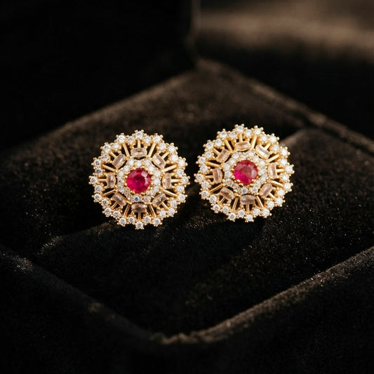 Ruby Red Sunburst Stud Earrings