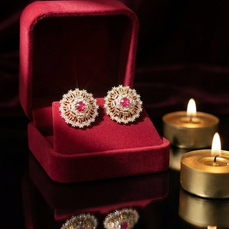 Ruby Red Sunburst Stud Earrings