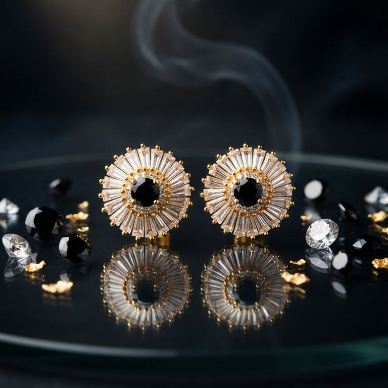 Gold Black Sunburst Stud Earrings