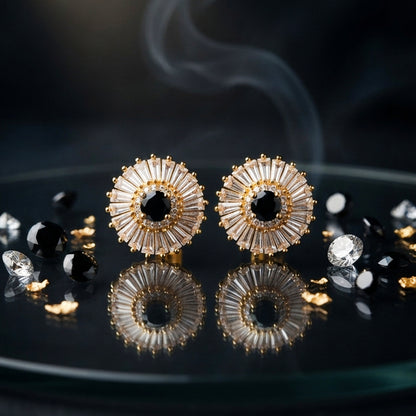 Gold Black Sunburst Stud Earrings