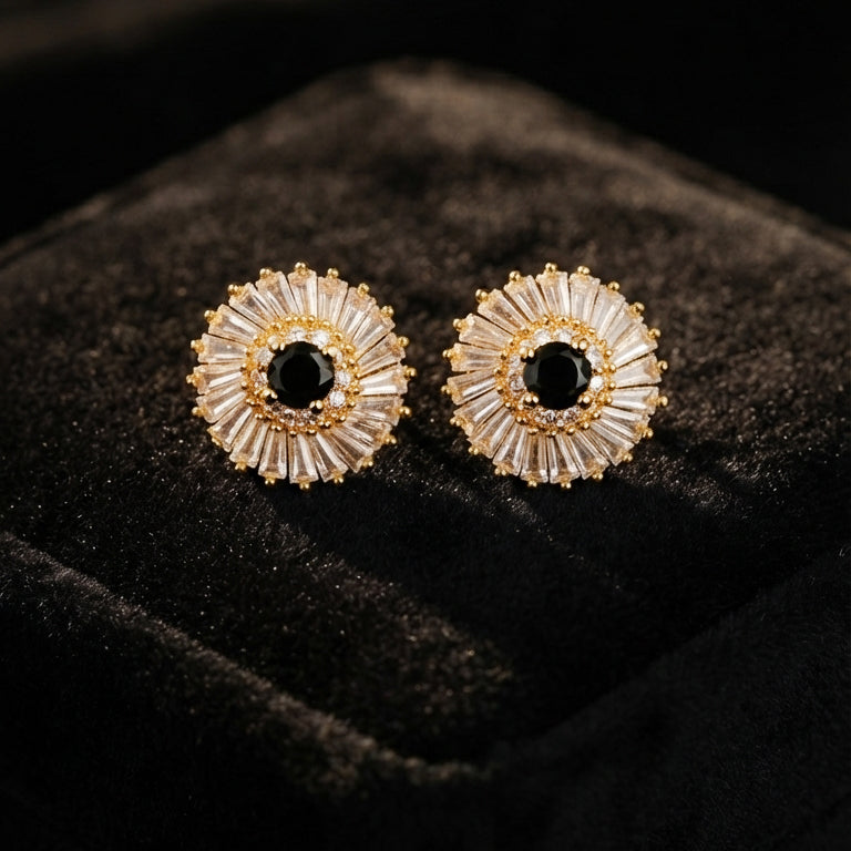 Gold Black Sunburst Stud Earrings