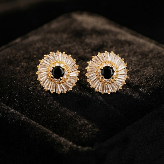 Gold Black Sunburst Stud Earrings