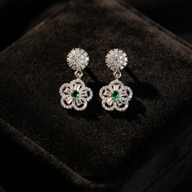 Silver & Green Crystal Drop Earrings