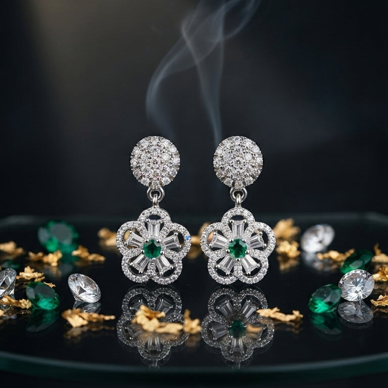 Silver & Green Crystal Drop Earrings