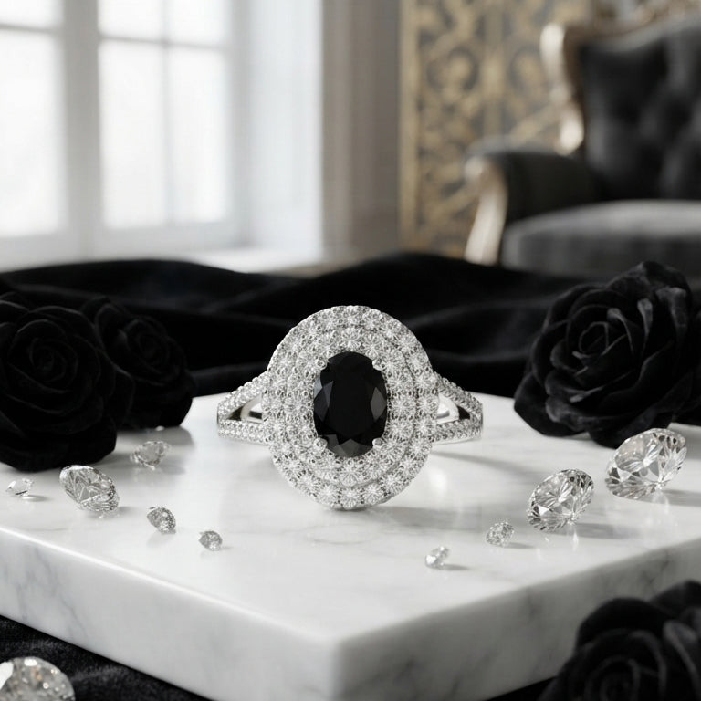 Silver Black Oval Halo Ring