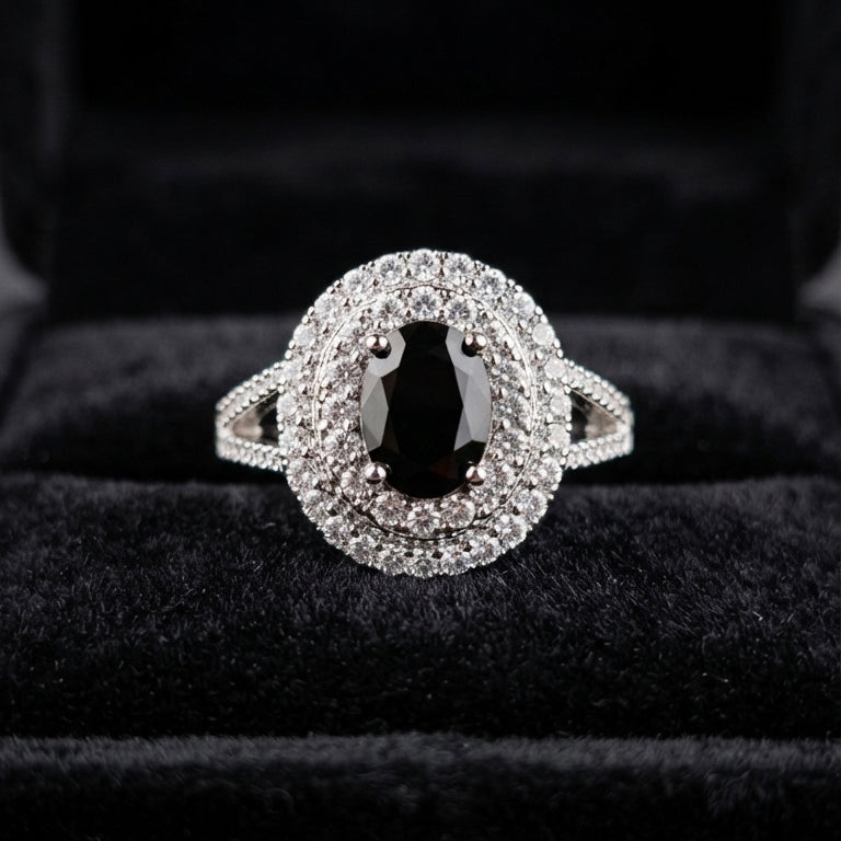 Silver Black Oval Halo Ring