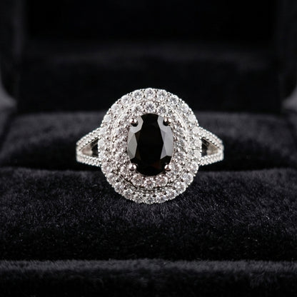 Silver Black Oval Halo Ring
