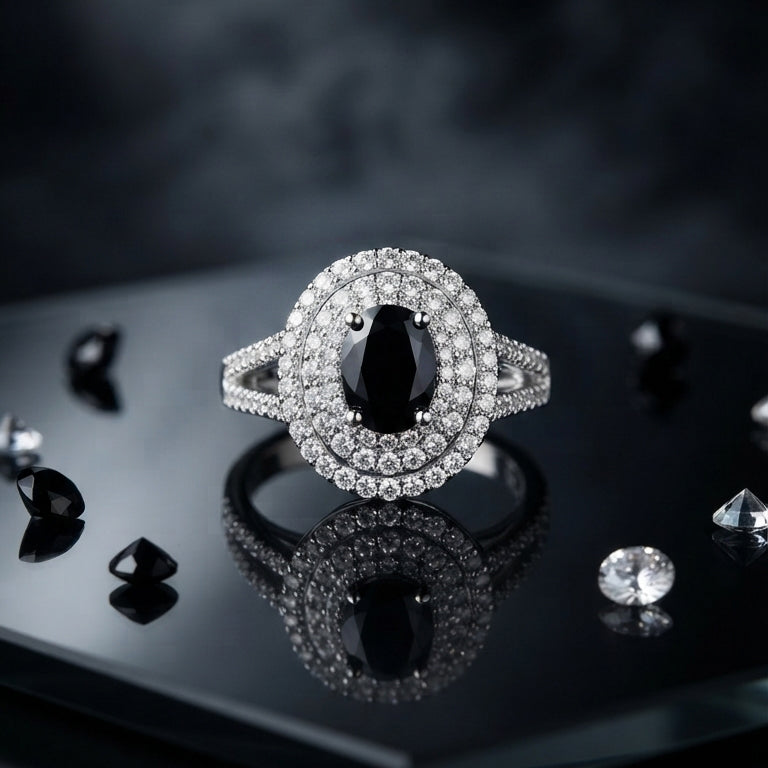 Silver Black Oval Halo Ring