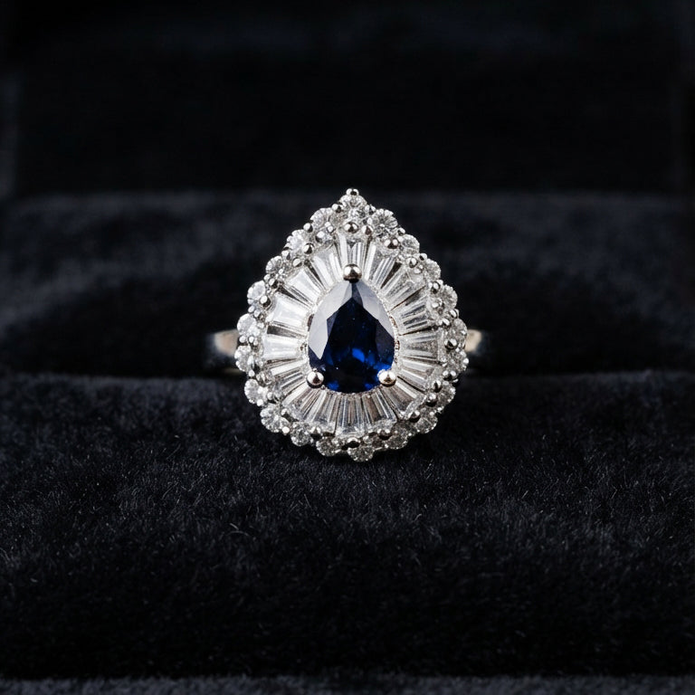 Silver Blue Teardrop Crystal Ring