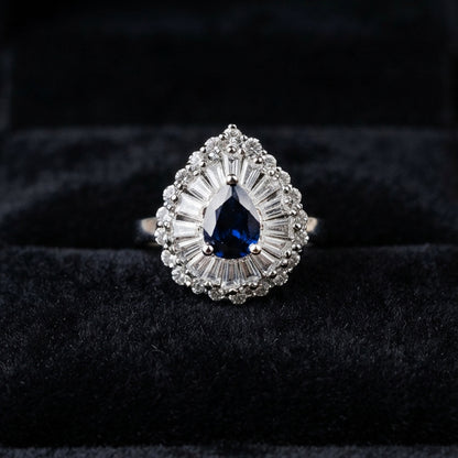 Silver Blue Teardrop Crystal Ring