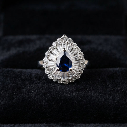 Silver Blue Teardrop Crystal Ring