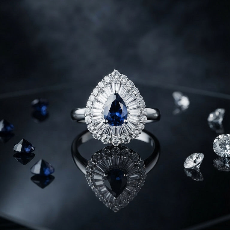 Silver Blue Teardrop Crystal Ring