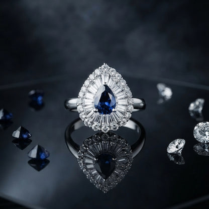 Silver Blue Teardrop Crystal Ring