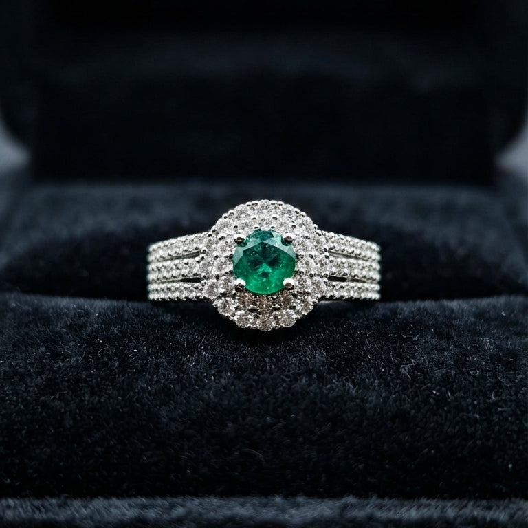 Silver Emerald Green Halo Ring