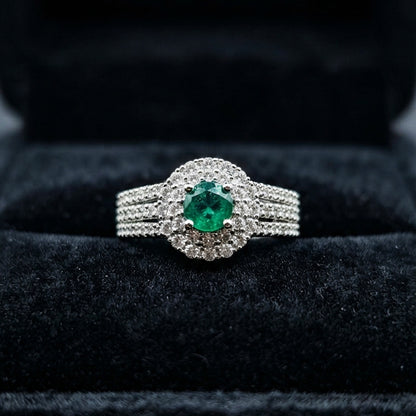 Silver Emerald Green Halo Ring