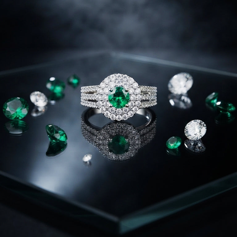 Silver Emerald Green Halo Ring