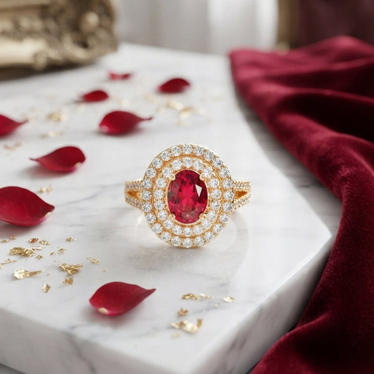 Ruby Red Oval Halo Ring