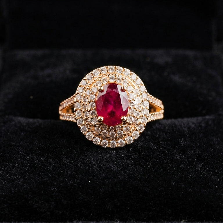Rose Gold Ruby Oval Halo Ring