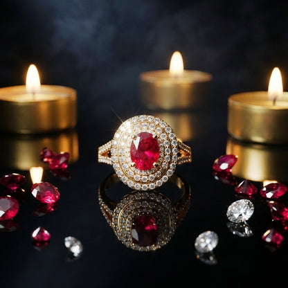Ruby Red Oval Halo Ring