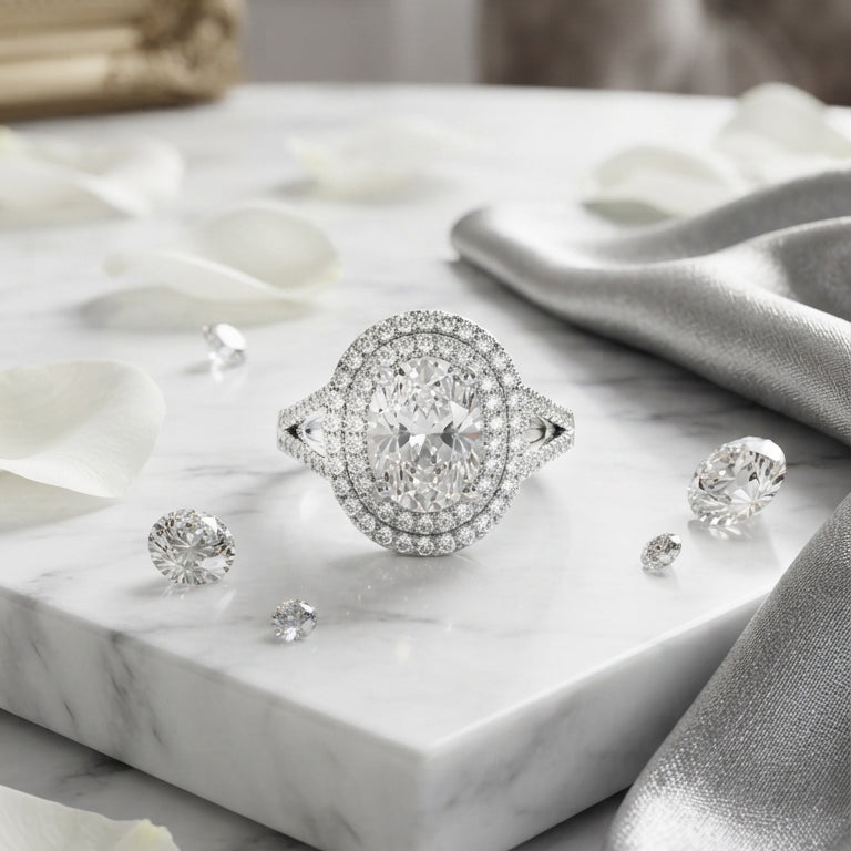 Silver Oval Crystal Halo Ring