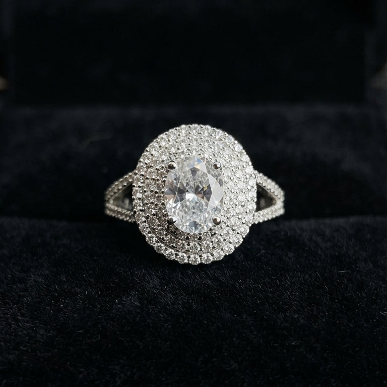 Silver Oval Crystal Halo Ring