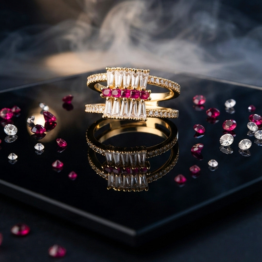 Gold Pink & Crystal Statement Ring