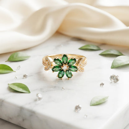 Green Floral Crystal Ring