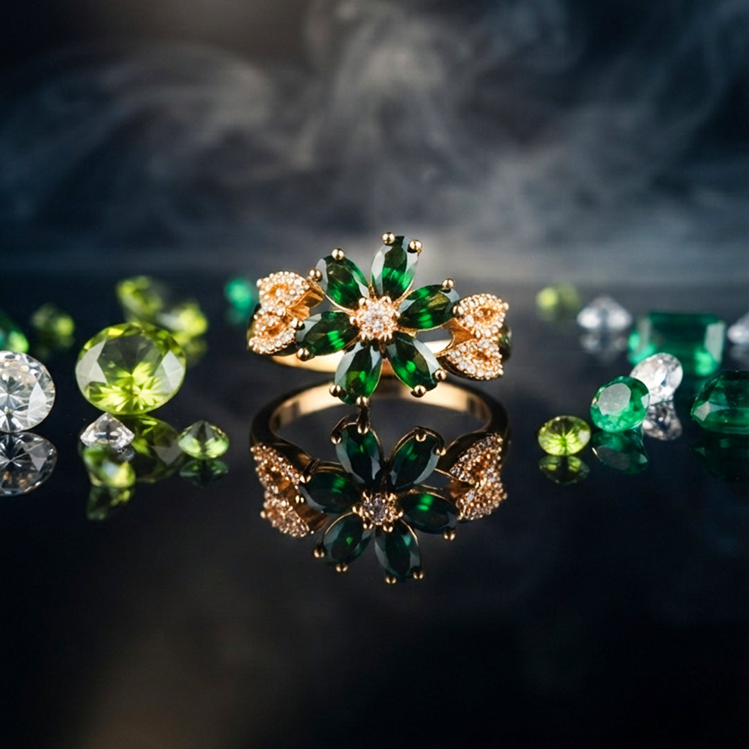 Green Floral Crystal Ring