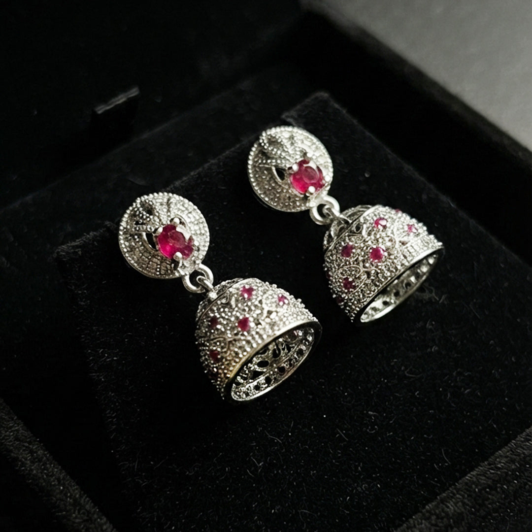 Silver Pink Crystal Jhumka Earrings