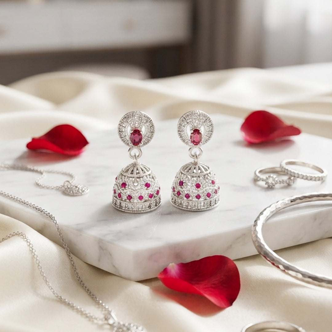 Silver Pink Crystal Jhumka Earrings