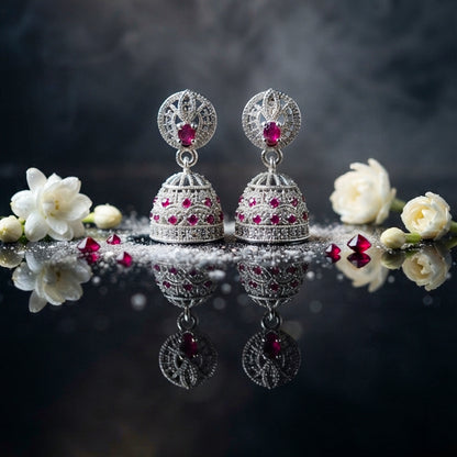 Silver Pink Crystal Jhumka Earrings