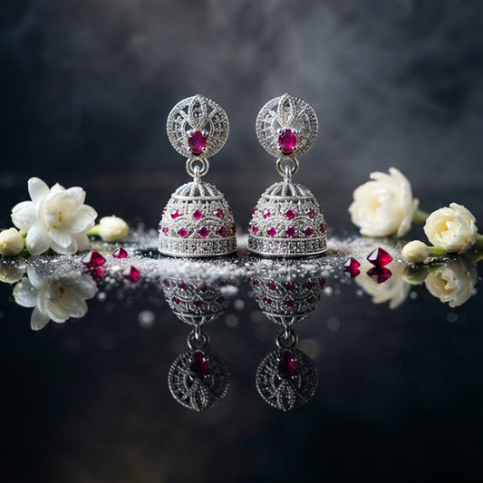 Silver Pink Crystal Jhumka Earrings
